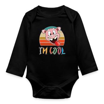 Baby Kind Sprüche Cool Retro Schwein - Baby Bio-Langarm-Body - Schwarz - Vorne
