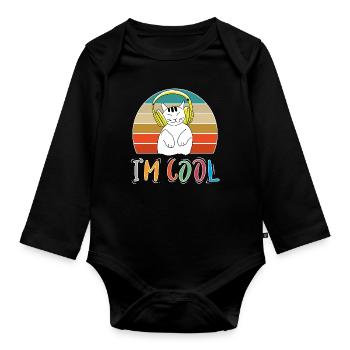 Baby Kind Tiere Cool Retro Katze Musik - Baby Bio-Langarm-Body - Schwarz - Vorne