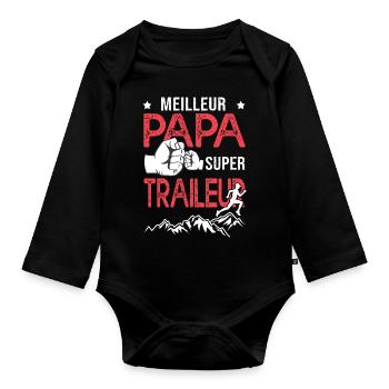 Super papa meilleur traileur course à pied trail - Body Bébé bio manches longues - noir - Devant