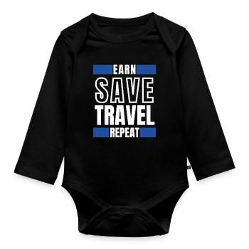 Earn save travel repeat - Organic Longsleeve Baby Bodysuit - black - Front