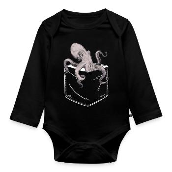 Oktopus In Der Brusttasche Design Krake Pocket Tin - Baby Bio-Langarm-Body - Schwarz - Vorne