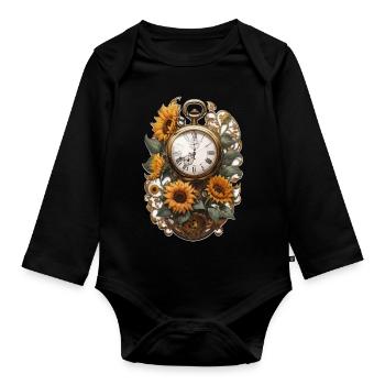 Clock with sunflowers - Organic Longsleeve Baby Bodysuit - black - Front