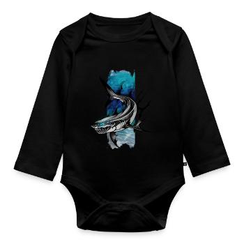 Azure Hunter: Great White's Blue Gaze - Organic Longsleeve Baby Bodysuit - black - Front