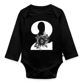 Nummer 2 Schwarze Blumen - 2. Blumenjubiläum - Baby Bio-Langarm-Body - Schwarz - Vorne