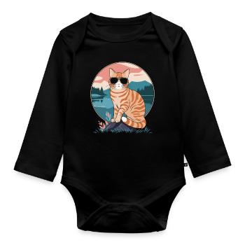 Tabby Orange Cat With Sunglasses - Organic Longsleeve Baby Bodysuit - black - Front