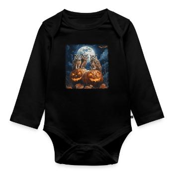 Eulen und Kürbislaterne unter Vollmond Halloween - Baby Bio-Langarm-Body - Schwarz - Vorne