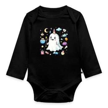 Geist Einhorn Halloween - Baby Bio-Langarm-Body - Schwarz - Vorne