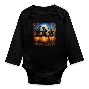 schwarze Katzen mit Kürbissen Halloween Herbst - Baby Bio-Langarm-Body - Schwarz - Vorne