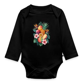 Tropical fruit with hibiscus and - Organic Longsleeve Baby Bodysuit - black - Front