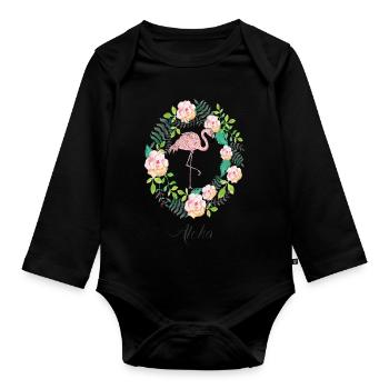 Flamingo - Aloha - Blumenkranz - Baby Bio-Langarm-Body - Schwarz - Vorne