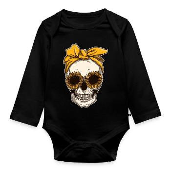 Sunflower skull skeleton neckerchief Halloween - Organic Longsleeve Baby Bodysuit - black - Front