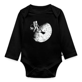 Space Astronaut Vacuum Cleaner Vacuuming Moon - Organic Longsleeve Baby Bodysuit - black - Front