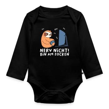 Bin am Zocken Gaming Faultier - Baby Bio-Langarm-Body - Schwarz - Vorne