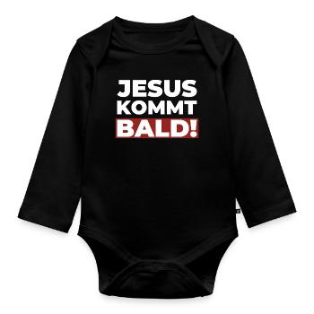 Jesus Christus kommt bald - Christliches Shirt - Baby Bio-Langarm-Body - Schwarz - Vorne