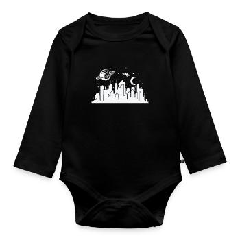 Skyline mit Planeten und Rakete Stadt - Baby Bio-Langarm-Body - Schwarz - Vorne