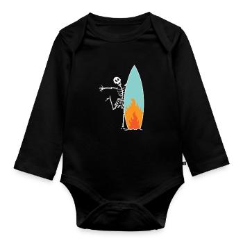 Surfing skeleton with burning surfboard - Organic Longsleeve Baby Bodysuit - black - Front