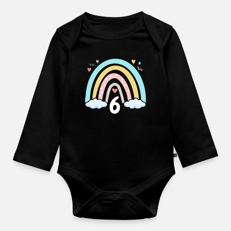 6. Geburtstag Mädchen Regenbogen Boho - Baby Bio-Langarm-Body - Schwarz