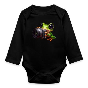 Frog photographer in action - Organic Longsleeve Baby Bodysuit - black - Front