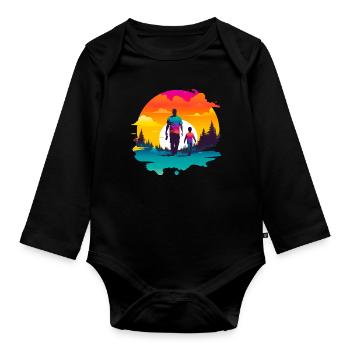 Père et fils devant le coucher du soleil - Body Bébé bio manches longues - noir - Devant
