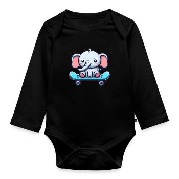 Cute baby elephant with skateboard Elephant mom - Organic Longsleeve Baby Bodysuit - black - Front