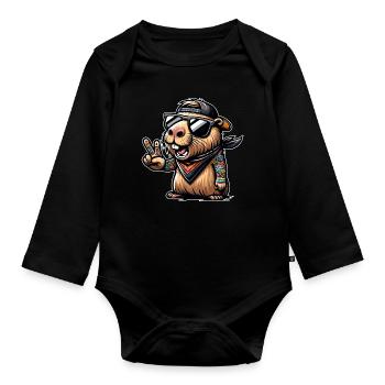 Capybara Tattoos Cap Peacezeichen - Baby Bio-Langarm-Body - Schwarz - Vorne