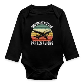 Facilement Distrait Par Les Avions Cadeau Vintage - Body Bébé bio manches longues - noir - Devant