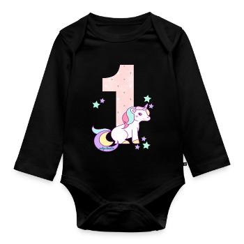 Birthday number 1 unicorn star stars - Organic Longsleeve Baby Bodysuit - black - Front