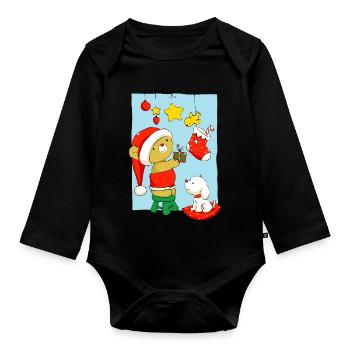 Christmas Bear doing Christmas decorations - Organic Longsleeve Baby Bodysuit - black - Front