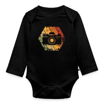 Retro photography photographer vintage logo camera - Organic Longsleeve Baby Bodysuit - black - Front