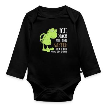 Frosch Kaffee trinken Morgenmuffel Spätaufsteher - Baby Bio-Langarm-Body - Schwarz - Vorne