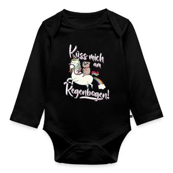 Küss mich am Regenbogen Einhorn Mops Spruch Lustig - Baby Bio-Langarm-Body - Schwarz - Vorne