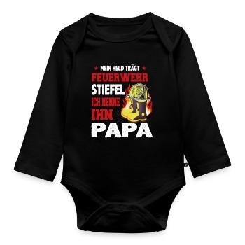 Feuerwehr Spruch Held Feuerwehrstiefel Papa - Baby Bio-Langarm-Body - Schwarz - Vorne