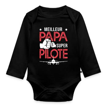 Cadeau papa meilleur papa pilote avion de ligne - Body Bébé bio manches longues - noir - Devant