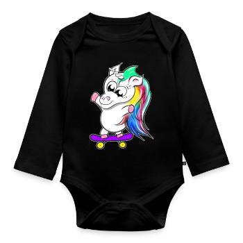 Unicorn on skateboard - Organic Longsleeve Baby Bodysuit - black - Front