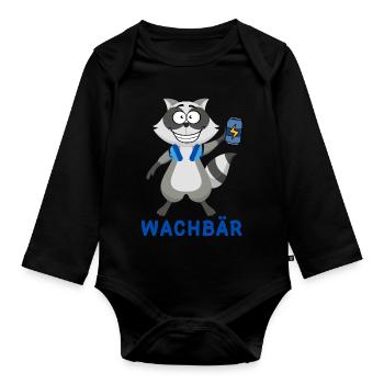 Wachbär Techno Design für Raver zum Feiern im Club - Baby Bio-Langarm-Body - Schwarz - Vorne