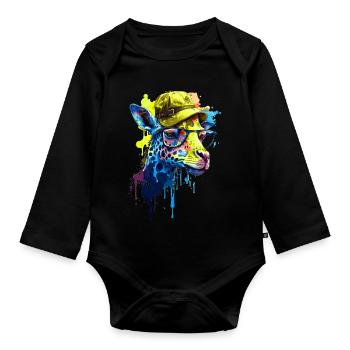 Funny giraffe with glasses and casual hat - Organic Longsleeve Baby Bodysuit - black - Front