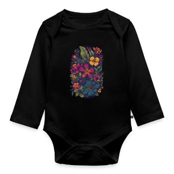 Floral Lila Exotische Blumen - Design - Baby Bio-Langarm-Body - Schwarz - Vorne