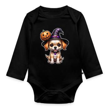 Halloween - chiot mignon avec citrouille - Body Bébé bio manches longues - noir - Devant