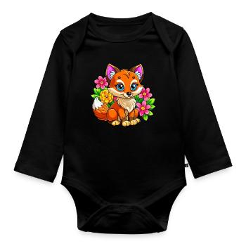 Flower-loving fox - Organic Longsleeve Baby Bodysuit - black - Front