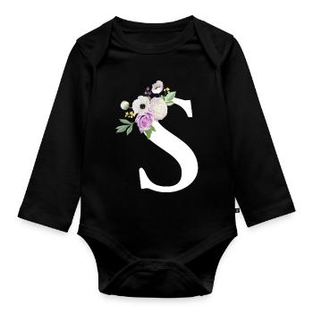 Lila Blumenbuchstabe S - Baby Bio-Langarm-Body - Schwarz - Vorne