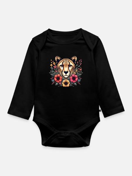 Cheetah Gepard Blumen - Baby Bio-Langarm-Body - Schwarz