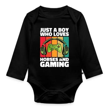 Gamer et Chevaux : Jeux Vidéo et Aventure Équestre - Body Bébé bio manches longues - noir - Devant