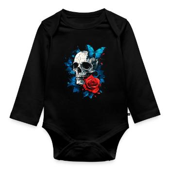 Skull Skull Butterfly Rose Flower - Organic Longsleeve Baby Bodysuit - black - Front