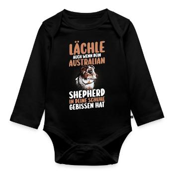 Australian Shepherd Hund Aussie - Baby Bio-Langarm-Body - Schwarz - Vorne