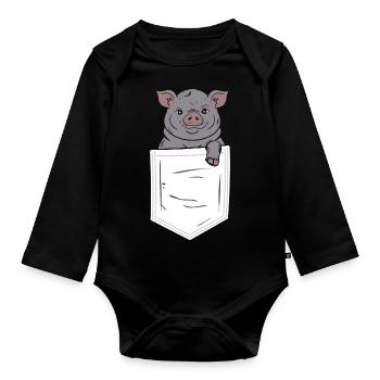Pig in Pocket Chest Pocket - Organic Longsleeve Baby Bodysuit - black - Front