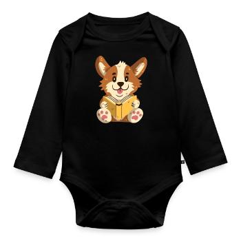 Corgi liest ein Buch - Baby Bio-Langarm-Body - Schwarz - Vorne