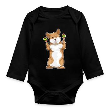 Corgi Musician Rattle Music - Organic Longsleeve Baby Bodysuit - black - Front