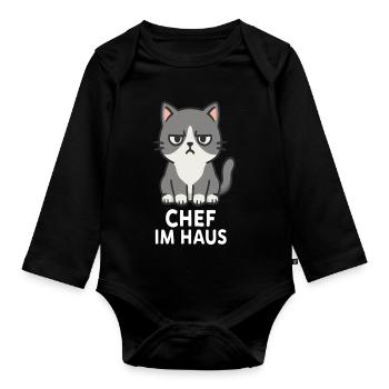 Cat with grumpy expression - Organic Longsleeve Baby Bodysuit - black - Front