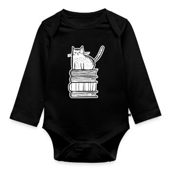 Katze mit Büchern - Baby Bio-Langarm-Body - Schwarz - Vorne