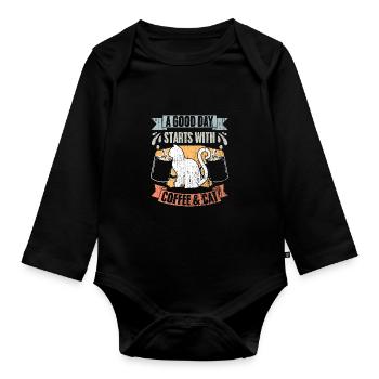 Vintage A Good Day Starts With Coffee And Cat - Organic Longsleeve Baby Bodysuit - black - Front